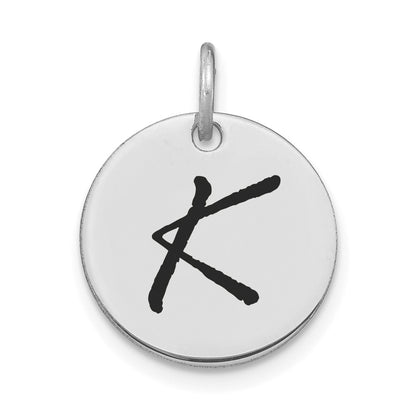 14k White Goldw Polished Black Enamel Letter K Initial Disk Charm
