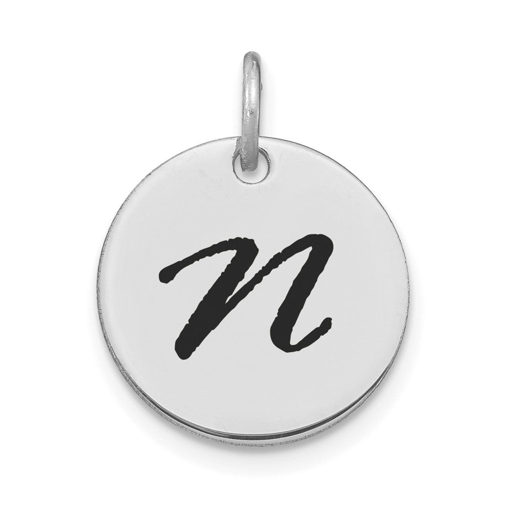 14k White Goldw Polished Black Enamel Letter N Initial Disk Charm