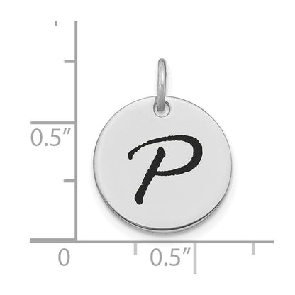 14k White Goldw Polished Black Enamel Letter P Initial Disk Charm