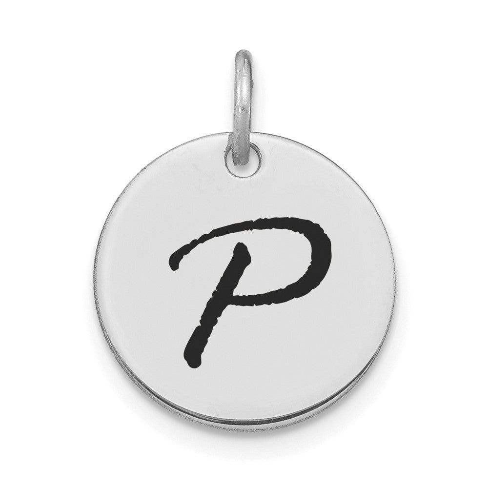 14k White Goldw Polished Black Enamel Letter P Initial Disk Charm