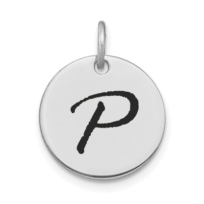 14k White Goldw Polished Black Enamel Letter P Initial Disk Charm