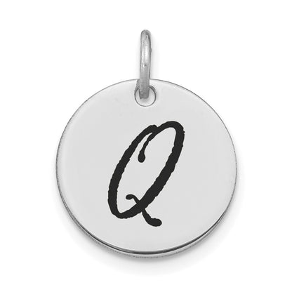 14k White Goldw Polished Black Enamel Letter Q Initial Disk Charm