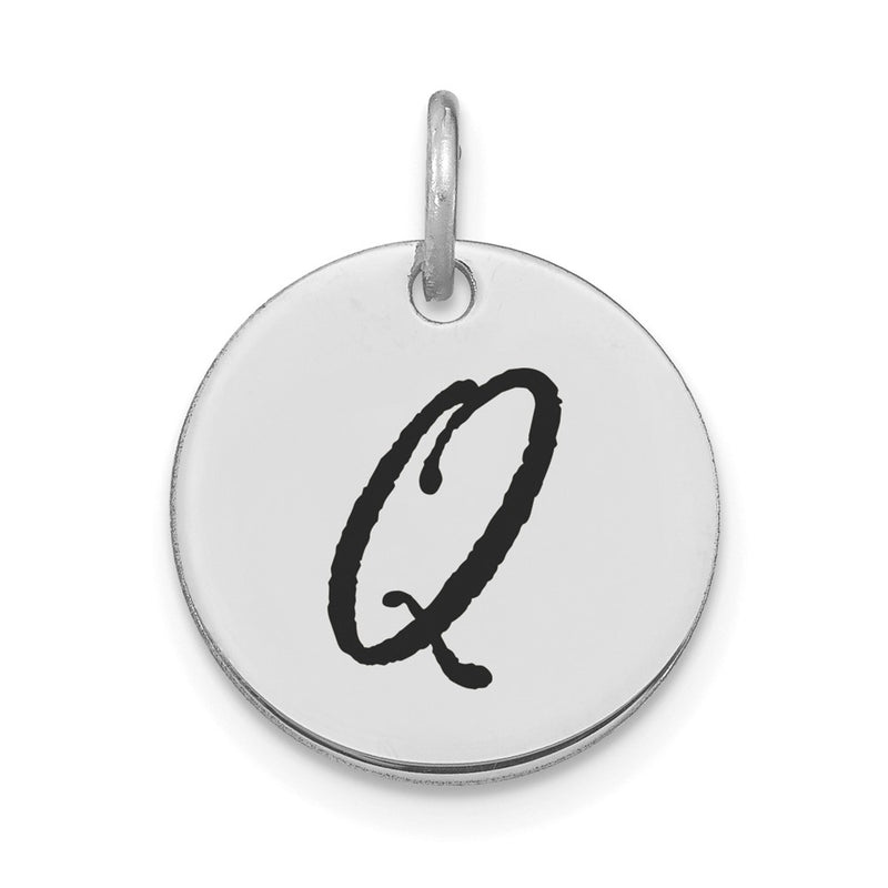 14k White Goldw Polished Black Enamel Letter Q Initial Disk Charm
