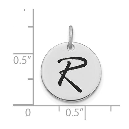 14k White Goldw Polished Black Enamel Letter R Initial Disk Charm