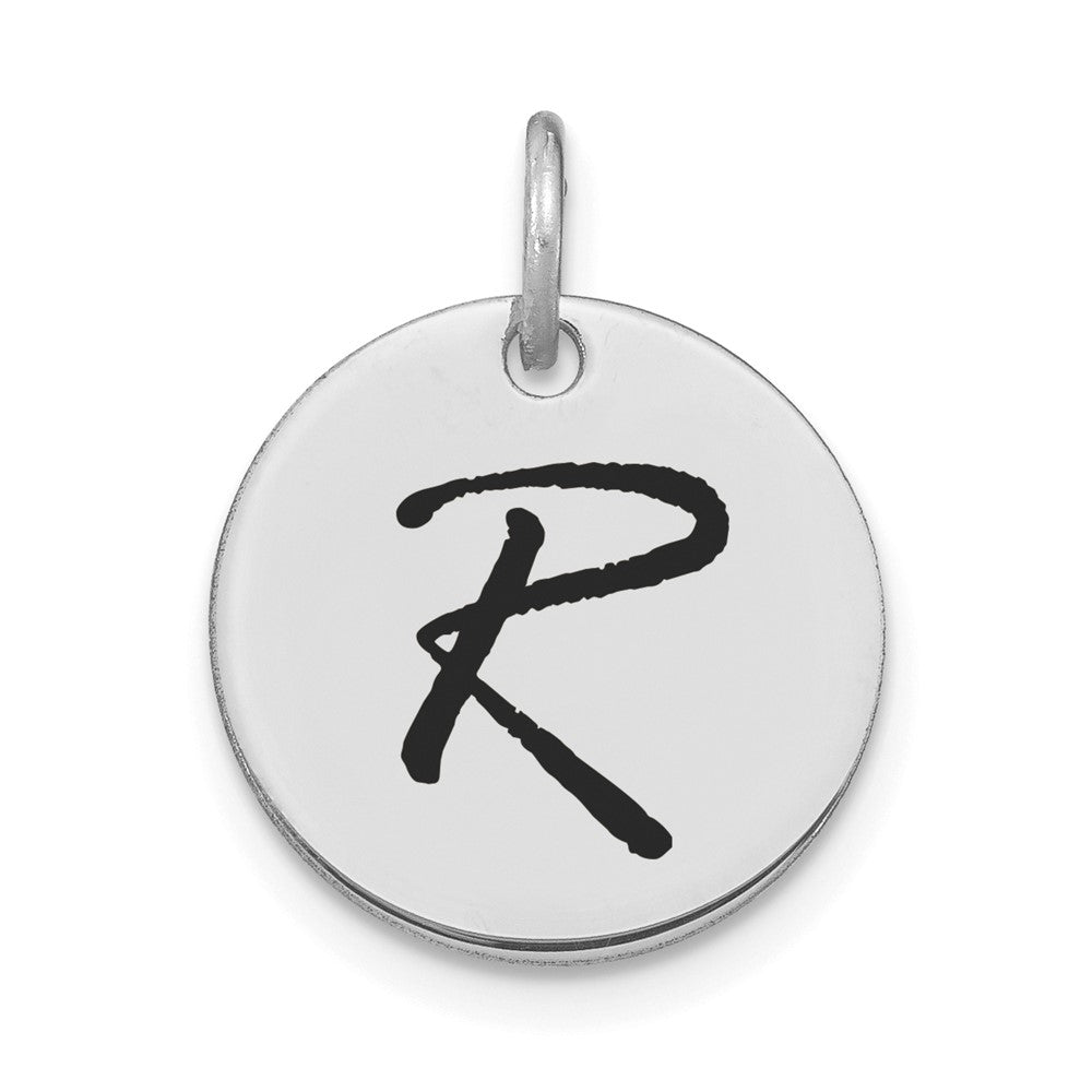 14k White Goldw Polished Black Enamel Letter R Initial Disk Charm