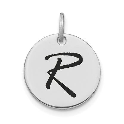 14k White Goldw Polished Black Enamel Letter R Initial Disk Charm