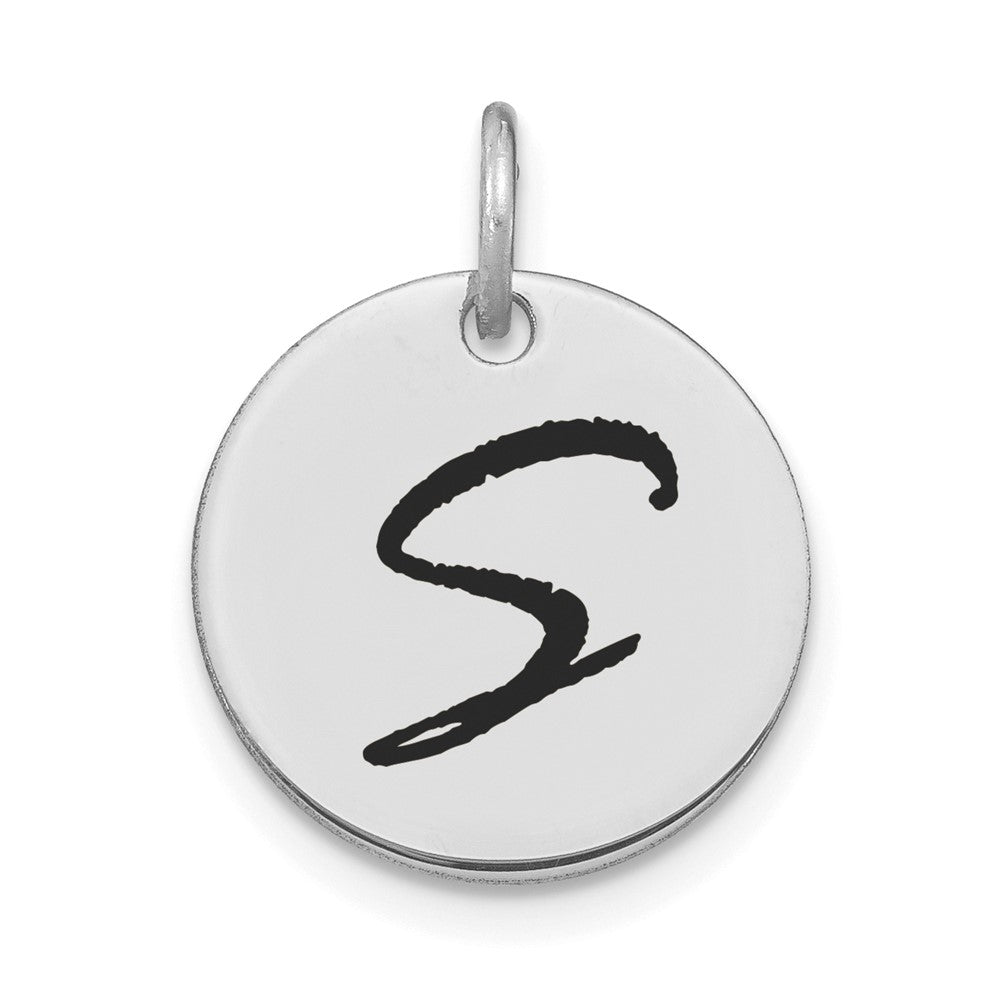 14k White Goldw Polished Black Enamel Letter S Initial Disk Charm