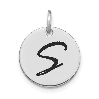 14k White Goldw Polished Black Enamel Letter S Initial Disk Charm