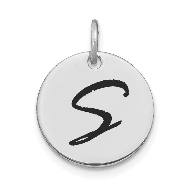 14k White Goldw Polished Black Enamel Letter S Initial Disk Charm