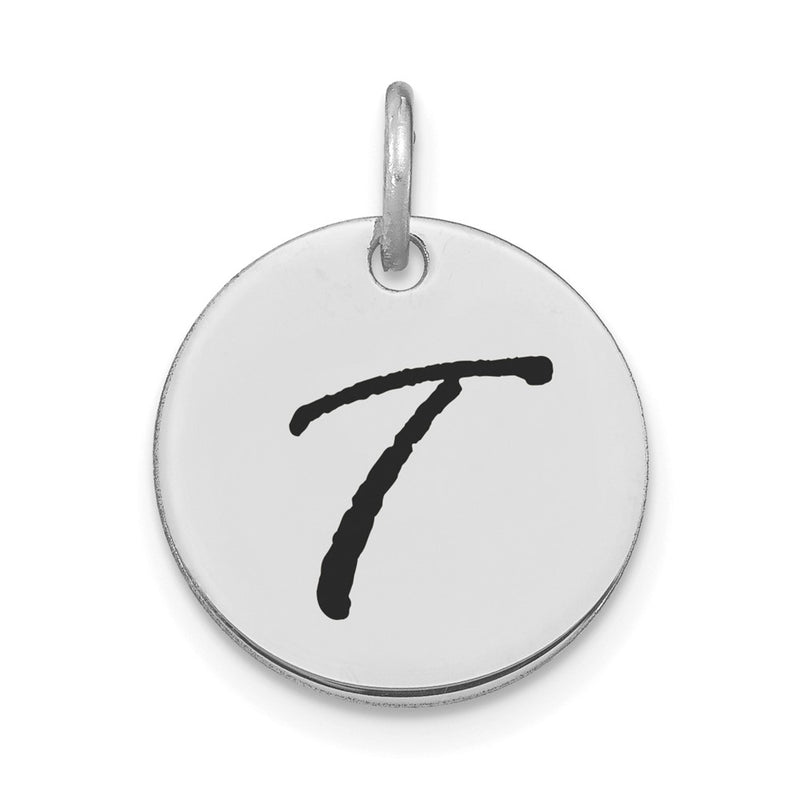 14k White Goldw Polished Black Enamel Letter T Initial Disk Charm