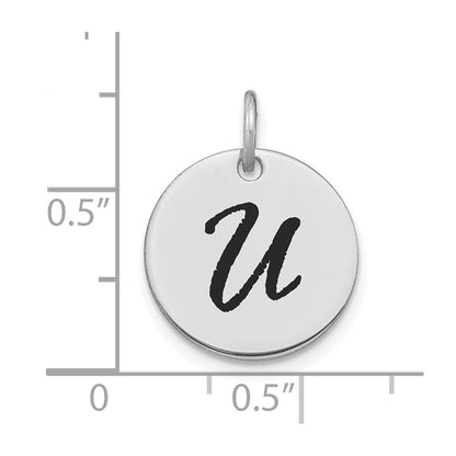 14k White Goldw Polished Black Enamel Letter U Initial Disk Charm
