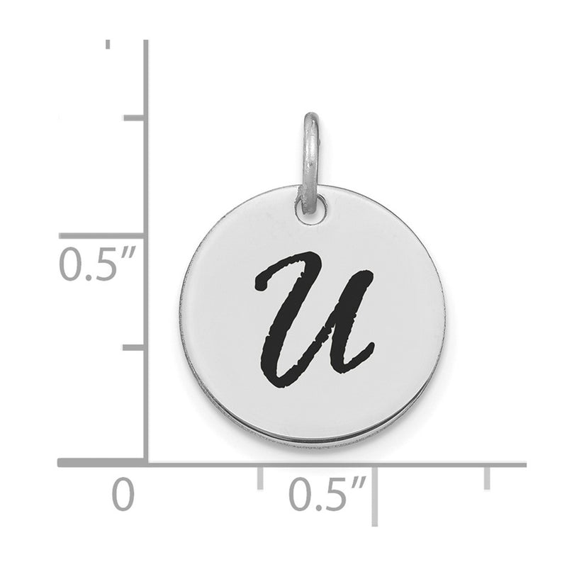 14k White Goldw Polished Black Enamel Letter U Initial Disk Charm