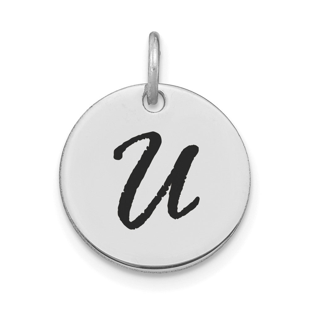 14k White Goldw Polished Black Enamel Letter U Initial Disk Charm