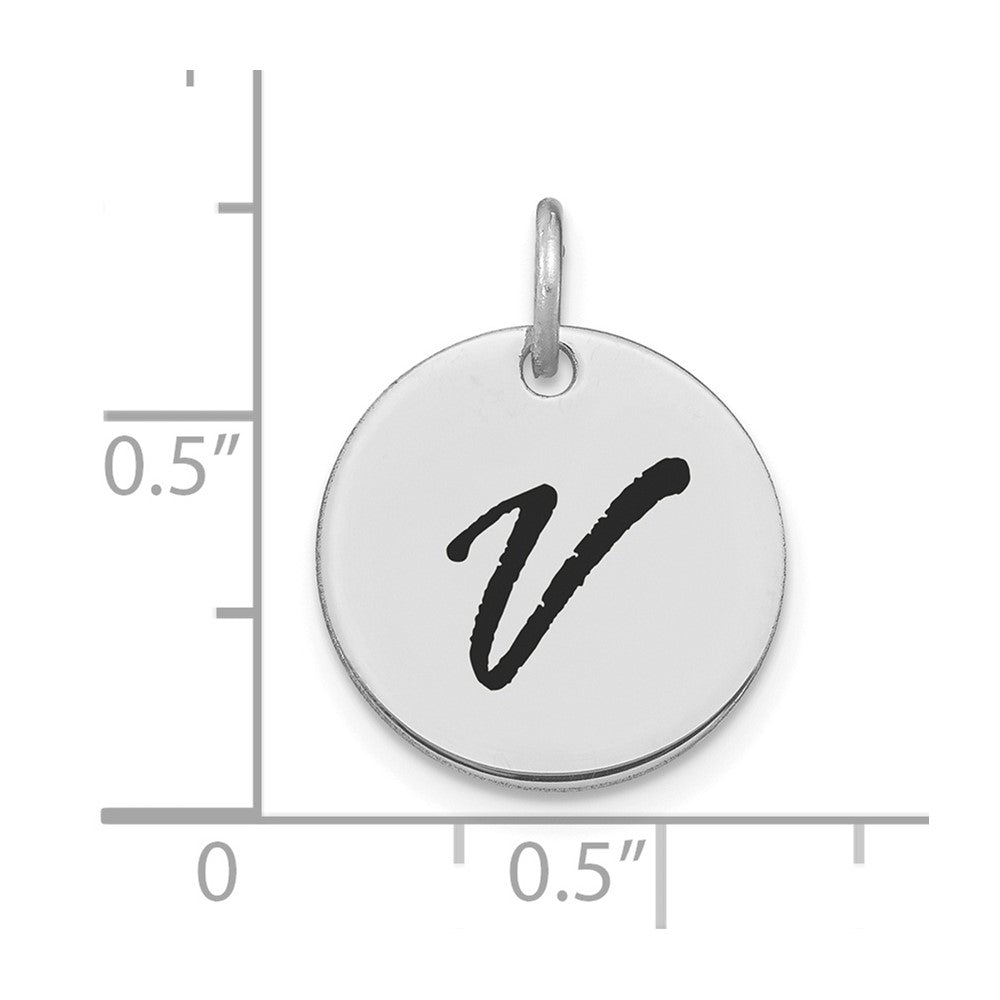 14k White Goldw Polished Black Enamel Letter V Initial Disk Charm