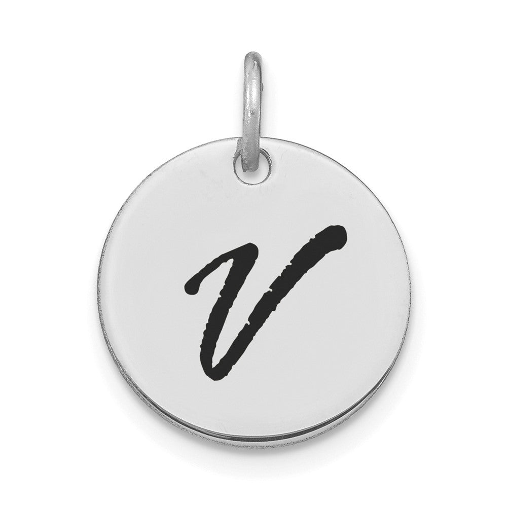 14k White Goldw Polished Black Enamel Letter V Initial Disk Charm