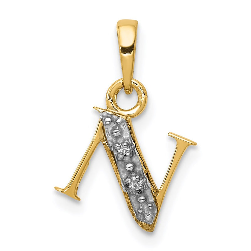 14k and Rhodium Polished .01ct Diamond Initial N Charm