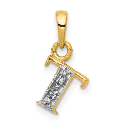 14k and Rhodium Polished .01ct Diamond Initial T Charm