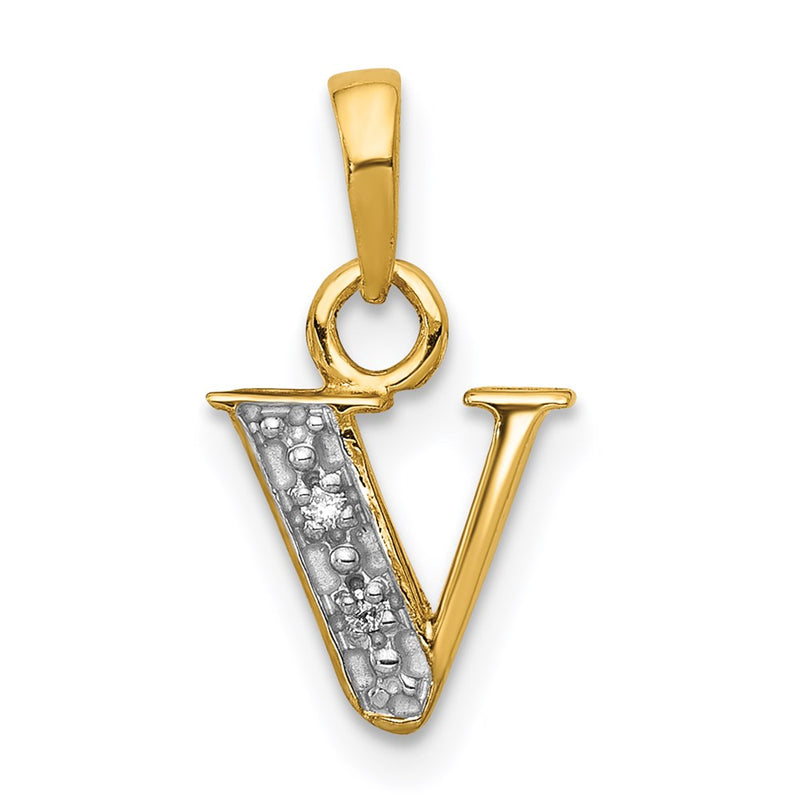 14k and Rhodium Polished .01ct Diamond Initial V Charm