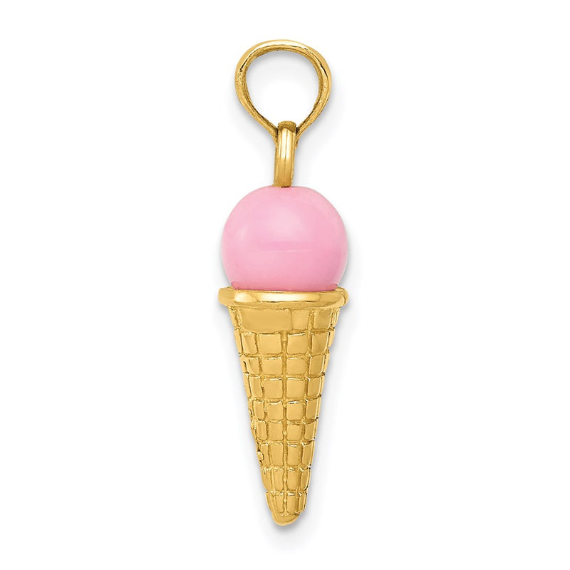 14k Yellow Gold Satin Polished 3D  Pink Quartz Ice Cream Cone Charm