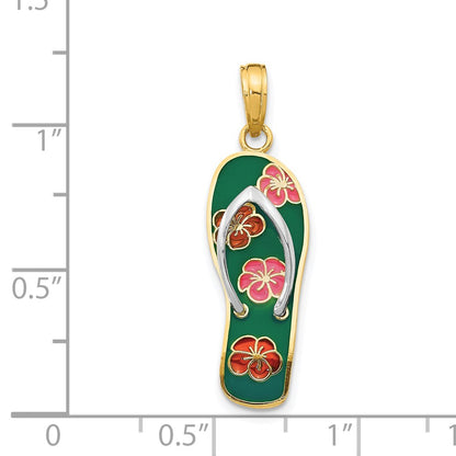 14k Yellow & Rhodium Gold Rhodium 3D Enameled Flowers On Green Flip Flop Pendant