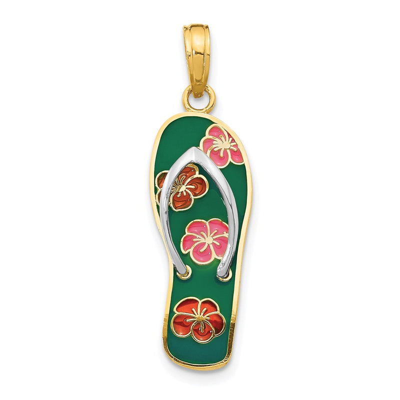 14k Yellow & Rhodium Gold Rhodium 3D Enameled Flowers On Green Flip Flop Pendant