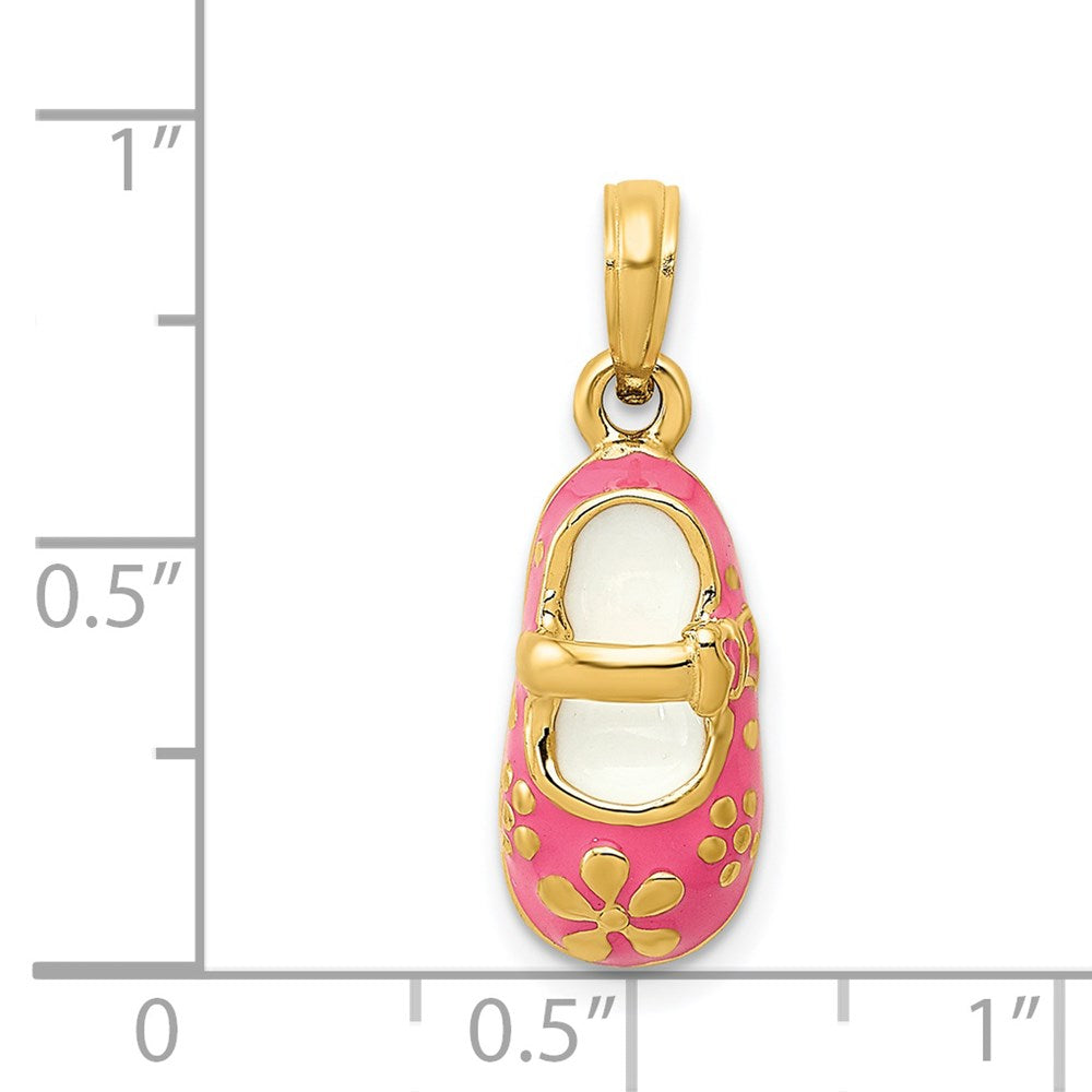 14k Yellow Gold Pink Enameled 3D Baby Shoe Pendant