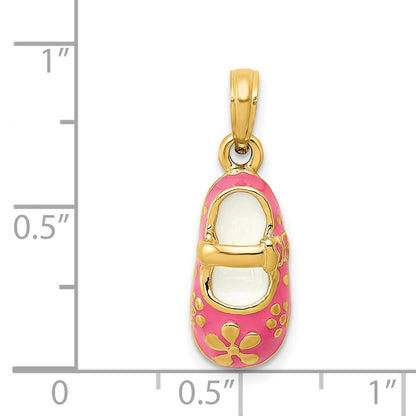14k Yellow Gold Pink Enameled 3D Baby Shoe Pendant