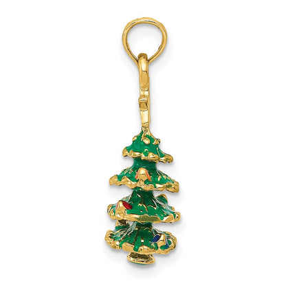 14k Yellow Gold 3D Enameled Christmas Tree Pendant