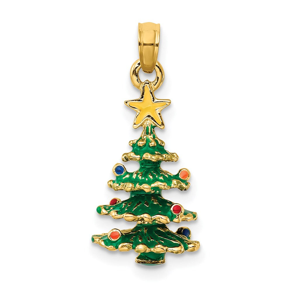 14k Yellow Gold 3D Enameled Christmas Tree Pendant