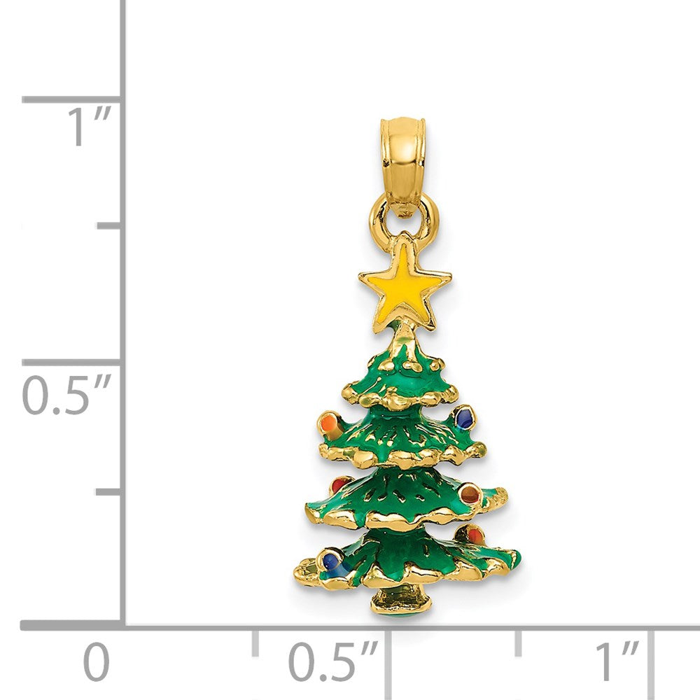 14k Yellow Gold 3D Enameled Christmas Tree Pendant