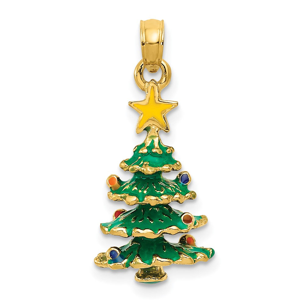 14k Yellow Gold 3D Enameled Christmas Tree Pendant
