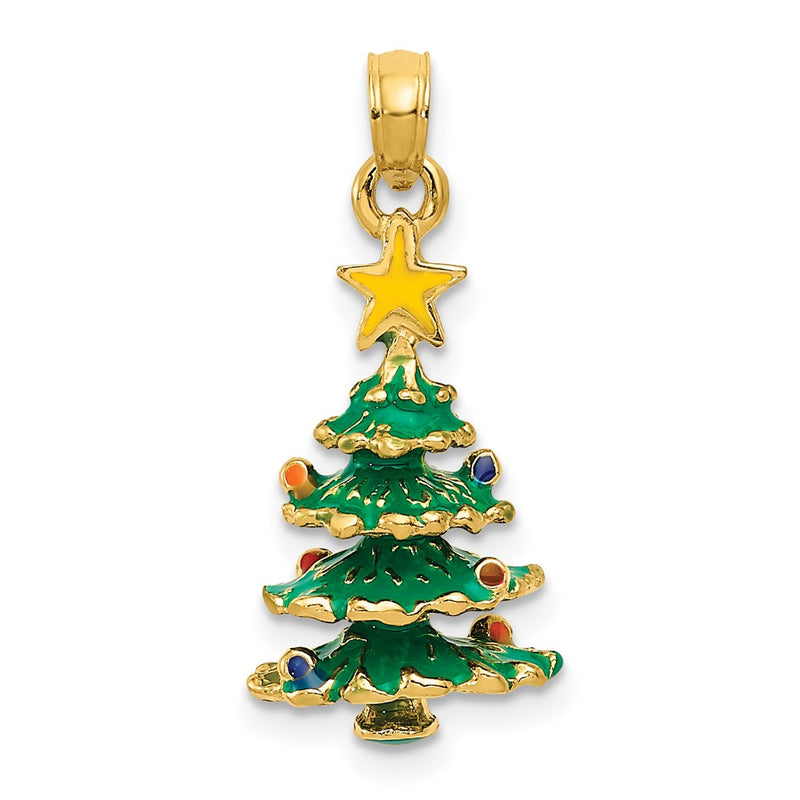 14k Yellow Gold 3D Enameled Christmas Tree Pendant