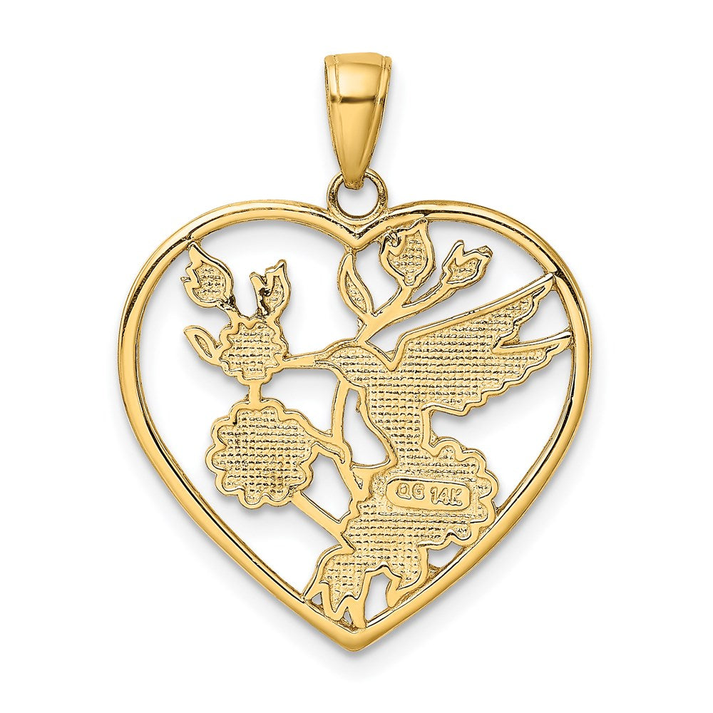 14k Yellow Gold Enameled Hummingbird w/Flowers Heart Pendant