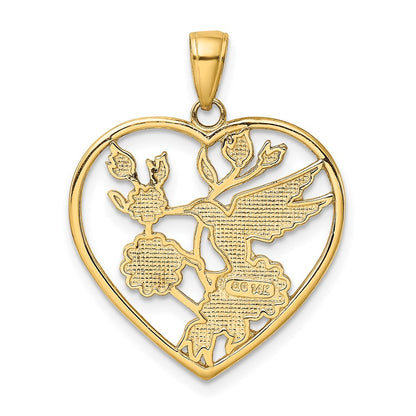 14k Yellow Gold Enameled Hummingbird w/Flowers Heart Pendant