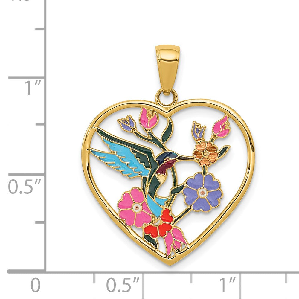 14k Yellow Gold Enameled Hummingbird w/Flowers Heart Pendant