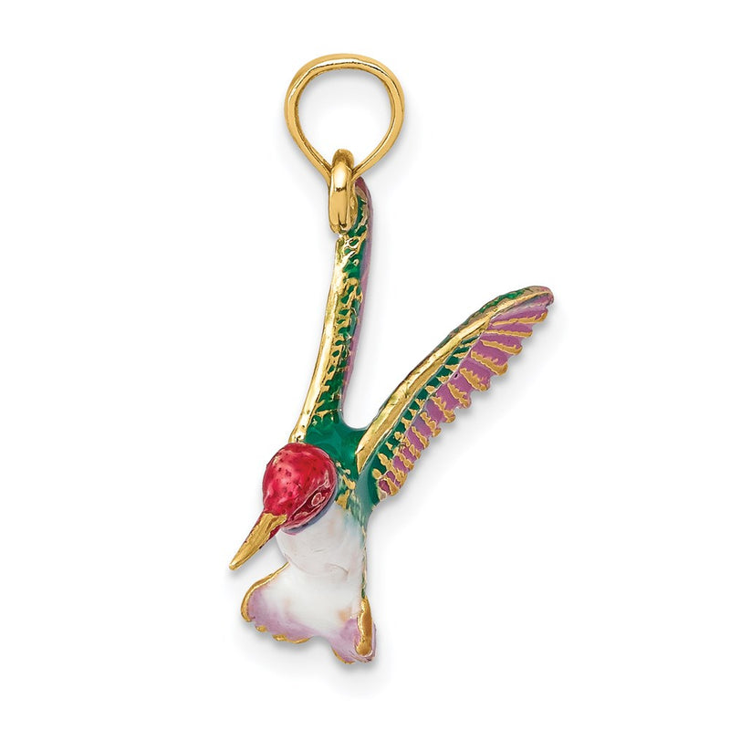 14k Yellow Gold Enameled 3D Hummingbird Pendant