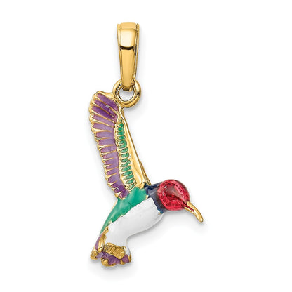 14k Yellow Gold Enameled 3D Hummingbird Pendant