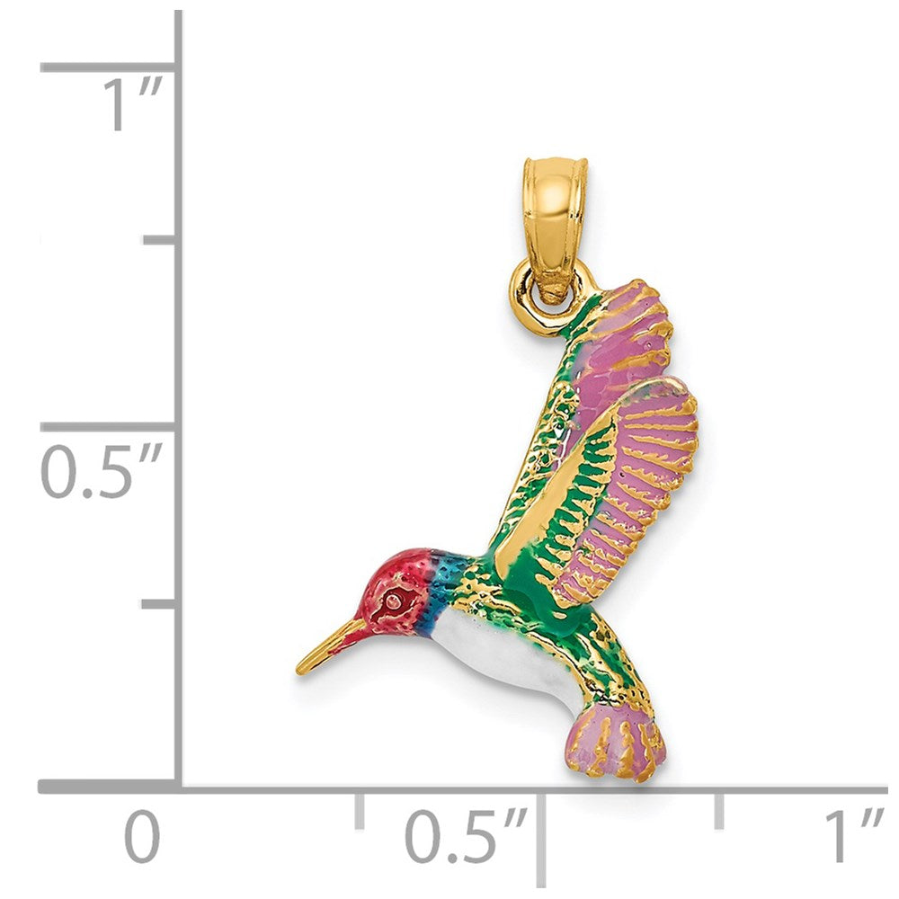 14k Yellow Gold Enameled 3D Hummingbird Pendant