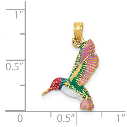 14k Yellow Gold Enameled 3D Hummingbird Pendant