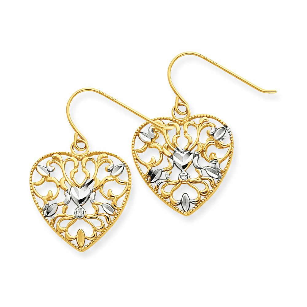 14K and Rhodium .01ct Diamond Filigree Heart Wire Earrings