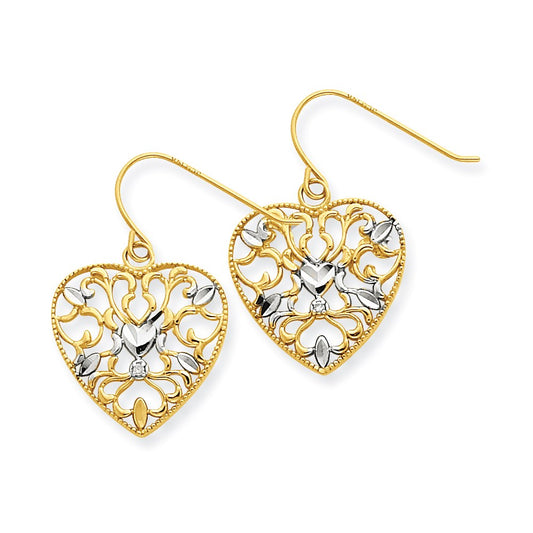 14K and Rhodium .01ct Diamond Filigree Heart Wire Earrings
