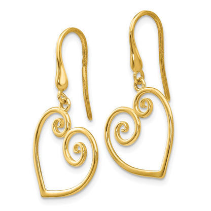 14k Yellow Gold Heart Dangle Shepherd Hook Earrings