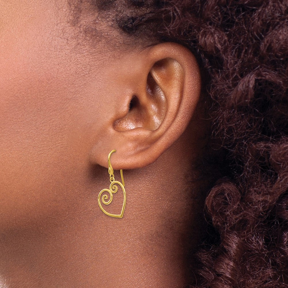 14k Yellow Gold Heart Dangle Shepherd Hook Earrings