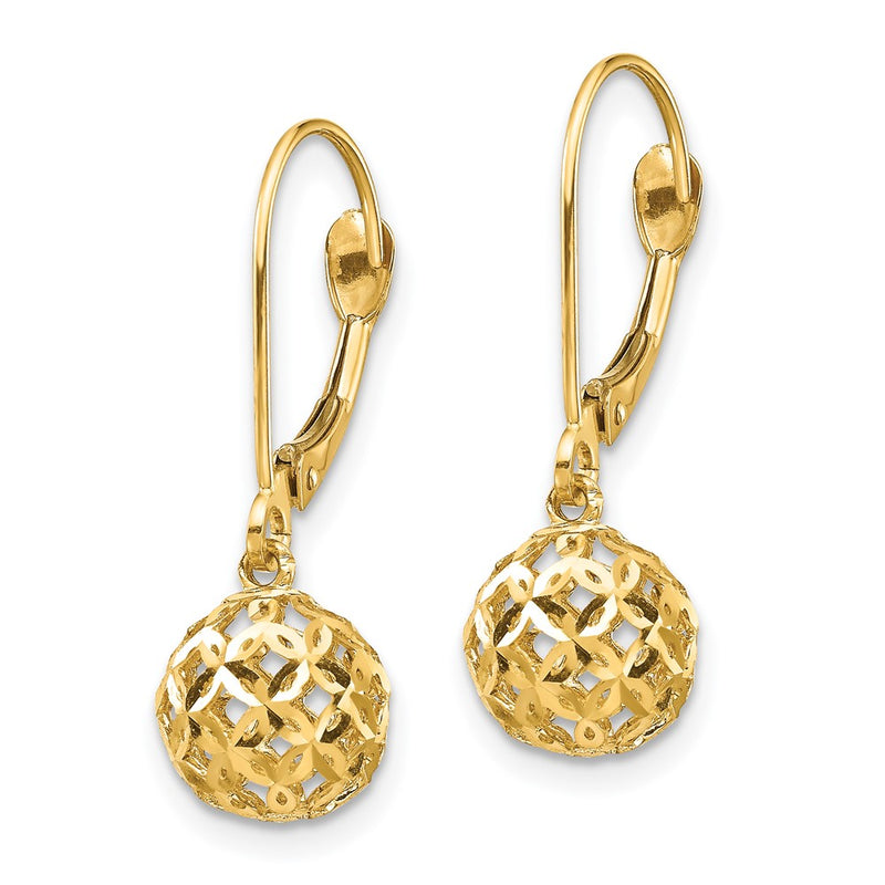 14k Yellow Gold Diamond-cut Bead Dangle Leverback Earrings