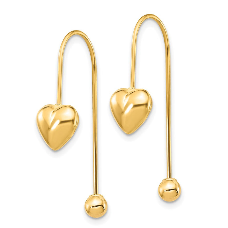 14k Yellow Gold Puffed Heart w/Screw End Threader Earrings