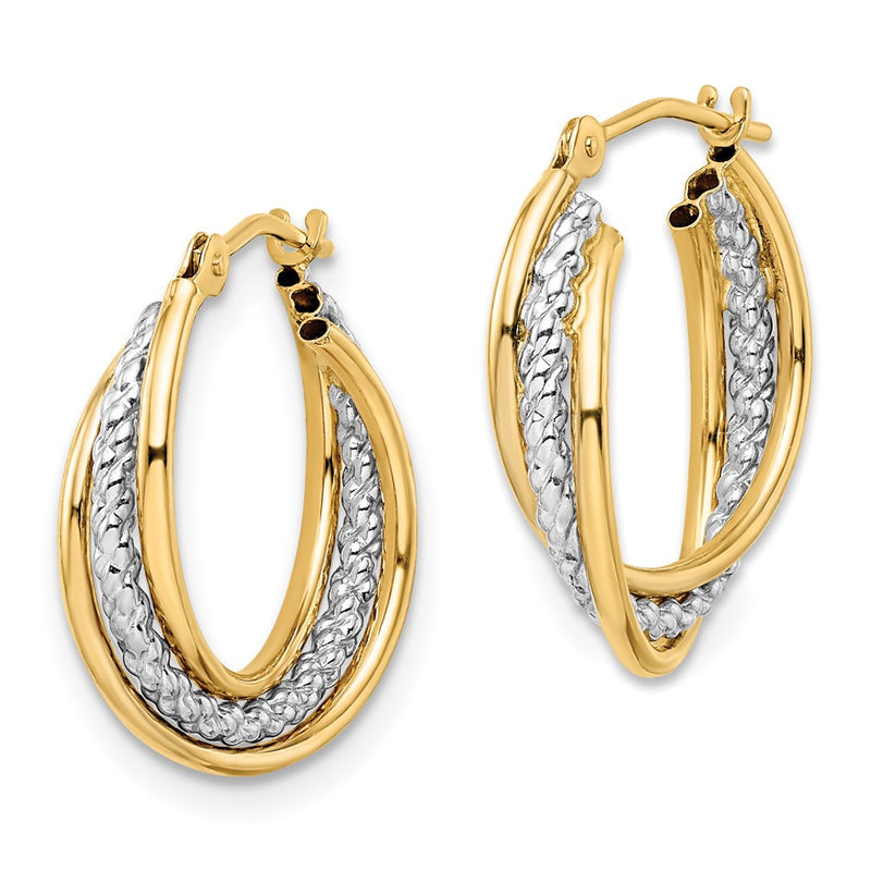 14k Yellow & Rhodium Gold w/ White Rhodium Polished Textured Hoops