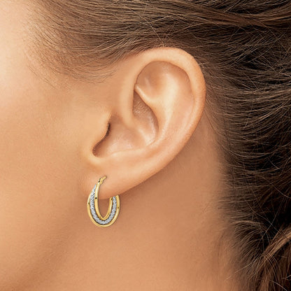 14k Yellow & Rhodium Gold w/ White Rhodium Polished Textured Hoops