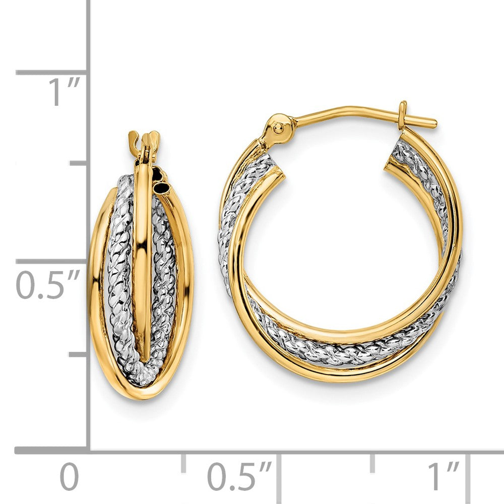 14k Yellow & Rhodium Gold w/ White Rhodium Polished Textured Hoops