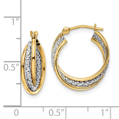 14k Yellow & Rhodium Gold w/ White Rhodium Polished Textured Hoops