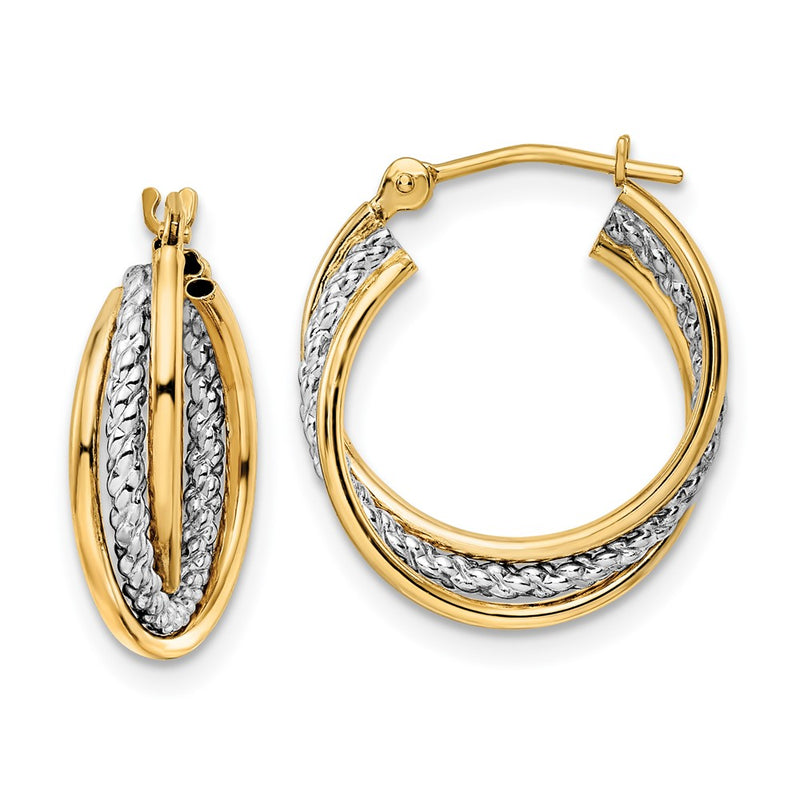 14k Yellow & Rhodium Gold w/ White Rhodium Polished Textured Hoops